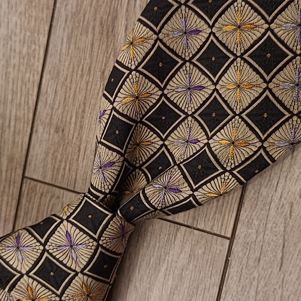 ROBERT TALBOTT Best of Class Metallic Black Beige Floral Abstract‎ Mens Silk Tie